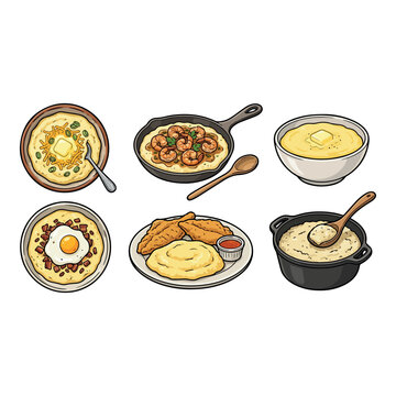 Food grits  Vector Illustration Creamy Grits Dishes Illustration Set with Eggs, Butter and Toppings Southern Grits Food Illustration Traditional Grits Dishes Classic Grits Breakfast Illustration set 