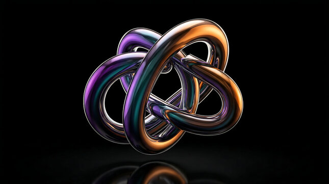 Abstract 3d metallic knot with iridescent metallic texture and glossy intertwined rings on black background