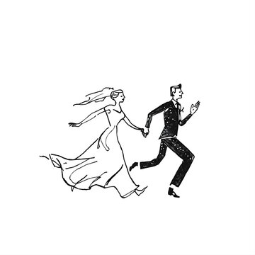 Eloping Hearts: A joyous sketch captures a bride and groom, hand-in-hand, sprinting together, full of love and excitement, on the threshold of their shared adventure.