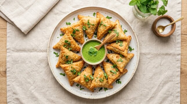 Crispy golden samosas arranged beautifully on a plate with mint chutney and fresh herbs