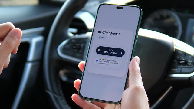 Concept of a mobile hacking attack. A person holding a smartphone inside a car with a Hack Messenger simulation app. Perfect for cybersecurity training, digital privacy awareness, and tech crime