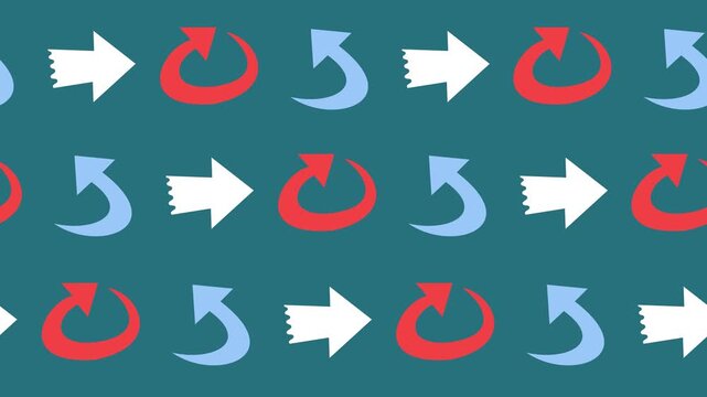 Seamless pattern of stylized navigation and reload arrows in abstract background animation. Flat design refresh and directional arrow wallpaper for digital pointer screen concept.