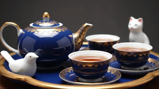 Tea Set with Blue  Gold on Wooden Tray.