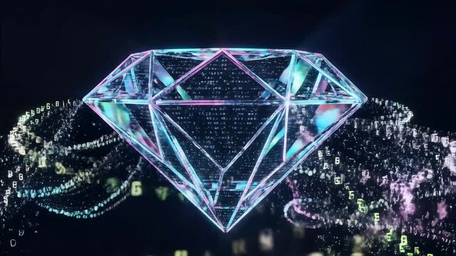 Glowings Digital Diamond, Sparkling Crystalline Facets with Flowing Binary Code Data Streams, Abstract Technology Concept, Representing Data Security, Encryption