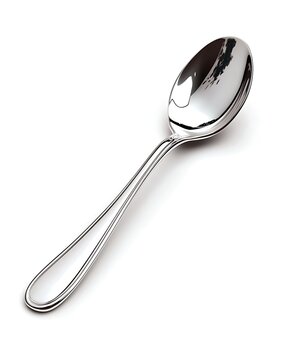 Shining Silver Spoon: Close-up of an elegant, gleaming silver spoon, reflecting light. It's poised to grace a culinary adventure.