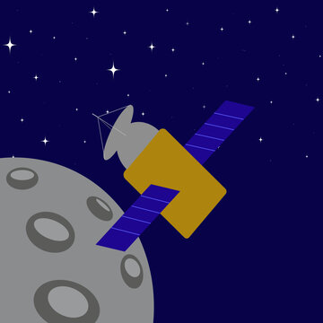 Yellow Satellite Orbiting the Moon in Outer Space Vector Illustration