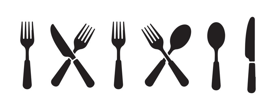 Various cutlery silhouettes including crossed fork and knife with spoon icons for food related branding items.