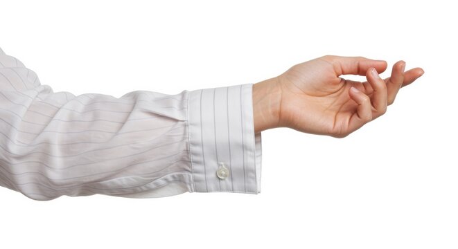 white poplin with subtle pinstripe elegant female arm isolated on white with crisp shirt cuff