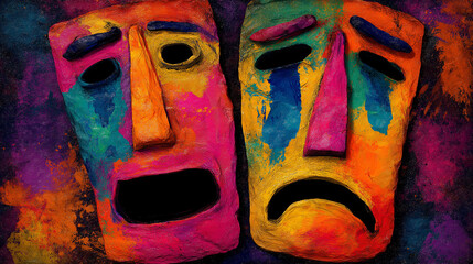 Abstract expression of joy and sadness using colored masks, conceptual art