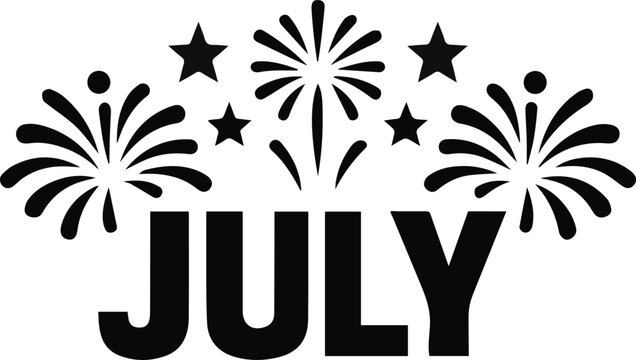 a black and white image of fireworks and stars above the word july