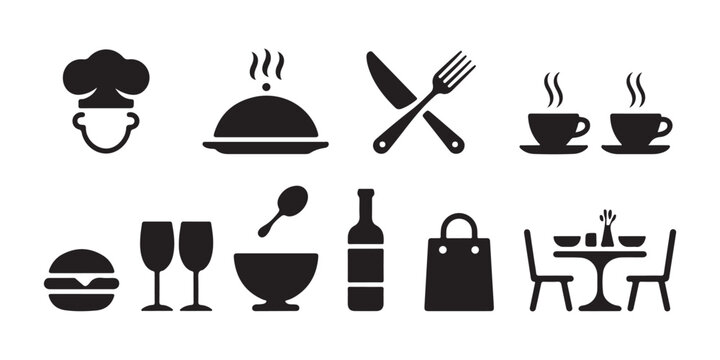 Set of various black solid food and restaurant themed icons including chef, hot cloche, burger, wine, and table.