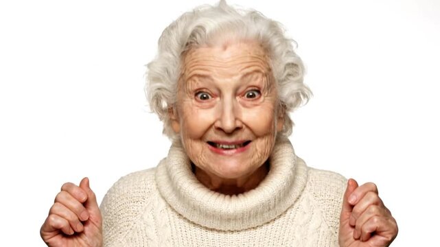 Surprised senior woman with hands up.