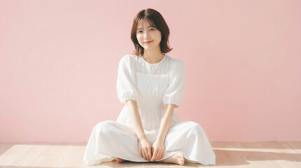 Fototapeta premium Young Japanese woman sitting cross-legged in a white dress on pink background