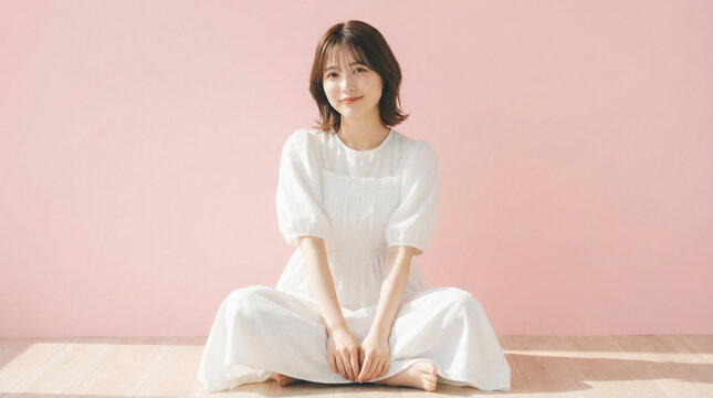 Young Japanese woman sitting cross-legged in a white dress on pink background