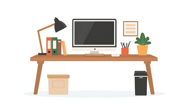 Workspace Desktop: A well-organized workspace, featuring a modern computer monitor, essential office supplies, and decorative elements. 