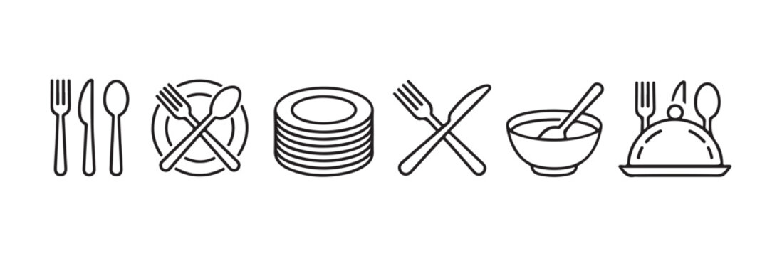Professional tableware line icons with stacked plates soup bowl and cloche service for restaurant hospitality.