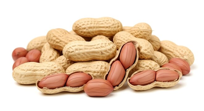 Pile of peanuts in their shells, some open, showing the nuts inside.