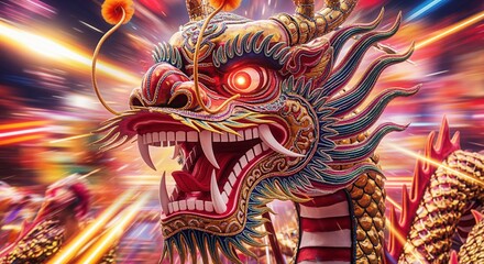 Fototapeta premium A vibrant dragon head sculpture with glowing red eyes and ornate golden details, surrounded by dynamic light trails and energy effects. Perfect for fantasy and cultural celebration themes.