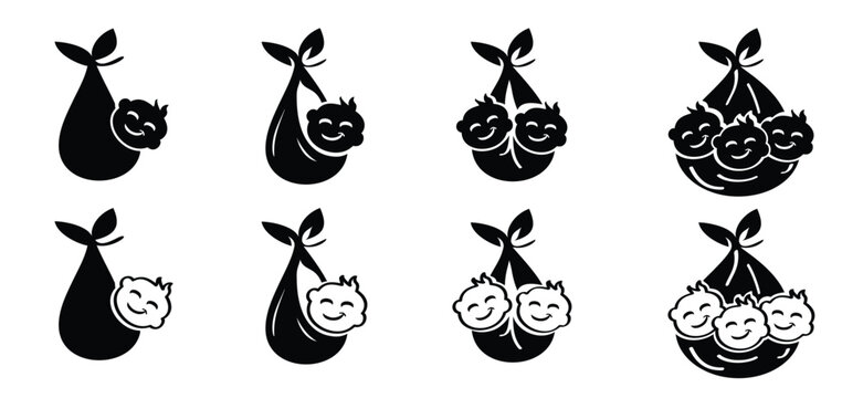 Newborn babies, triplets or twins. For flying stork brings a baby drawing and baby basket. Newborn baby girl or boy. For cartoon bird, stork flying in the sky. Kids concept. Welcome icon.