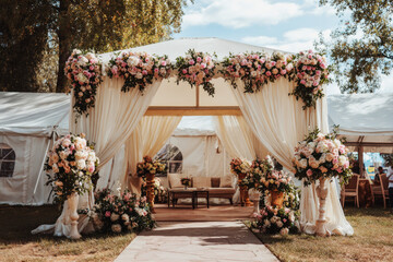 Fototapeta premium A wedding tent is set up in a garden. It features floral decorations and a seating area. Guests can gather here for the celebration during the afternoon light