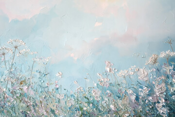 Naklejka premium Impressionistic fine art painting depicting delicate white and pastel wildflowers growing in a field beneath a textured blue sky