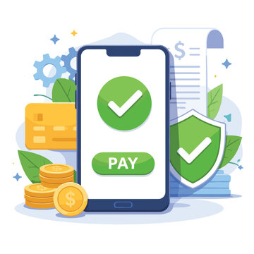 Mobile Payment Confirmation Phone With Checkmark With Pay Button