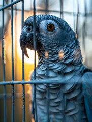 Fototapeta premium On the balcony, a pet bird gazes out from its cage