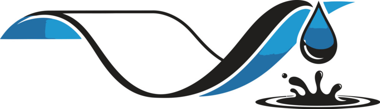 A stylized logo featuring a blue and black water droplet design element