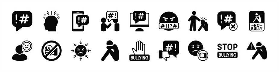 Obraz na płótnie Canvas Global problem issue icon vector set. Contains cyber bullying, social issues, crime, depression, racism, abuse, victim, stop, brainstorm, violence, conflict, anger, anxiety, discrimination