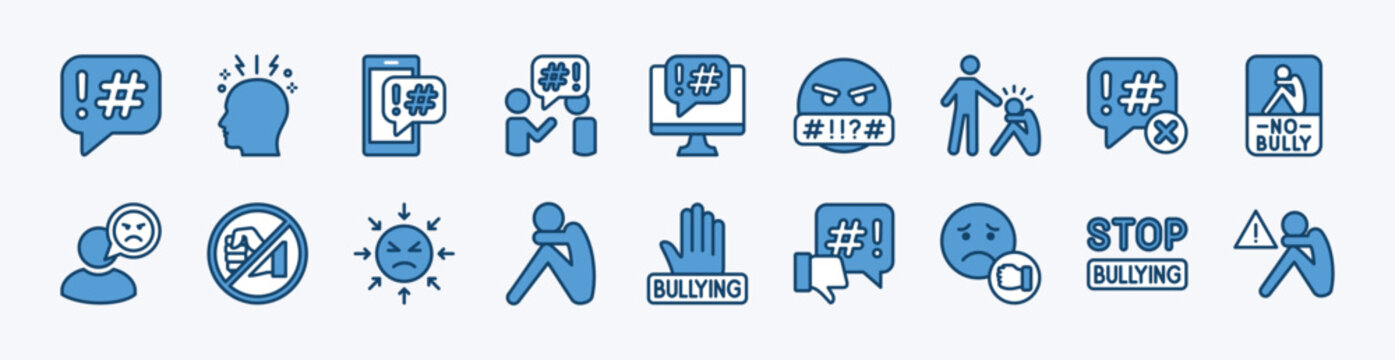 Set of global problem issue icon. Contains cyber bullying, social issues, crime, depression, racism, abuse, victim, stop, brainstorm, violence, conflict, anger, anxiety, discrimination - vector