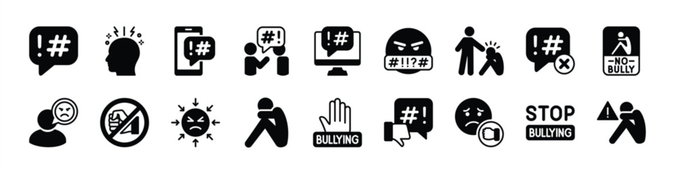 Global problem issue icon vector set. Contains cyber bullying, social issues, crime, depression, racism, abuse, victim, stop, brainstorm, violence, conflict, anger, anxiety, discrimination