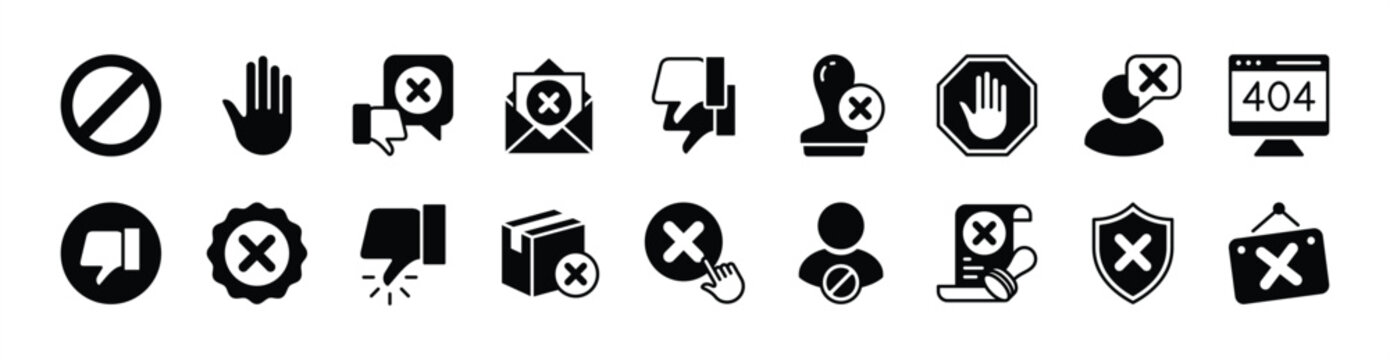 Rejection icon vector set. Contains forbidden, stop, thumbs down, dislike, return, button, stamp, declined partnership, message, 404, close signboard, block, disapproval, spam - illustration