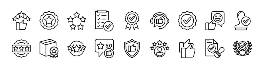 Quality control thin line icon set. Contains good feedback, five stars, thumbs up, certification, validation, badge, checkmark, approve, accept,  stamp, confirm, agree, guarantee, security - vector © Vilogsign