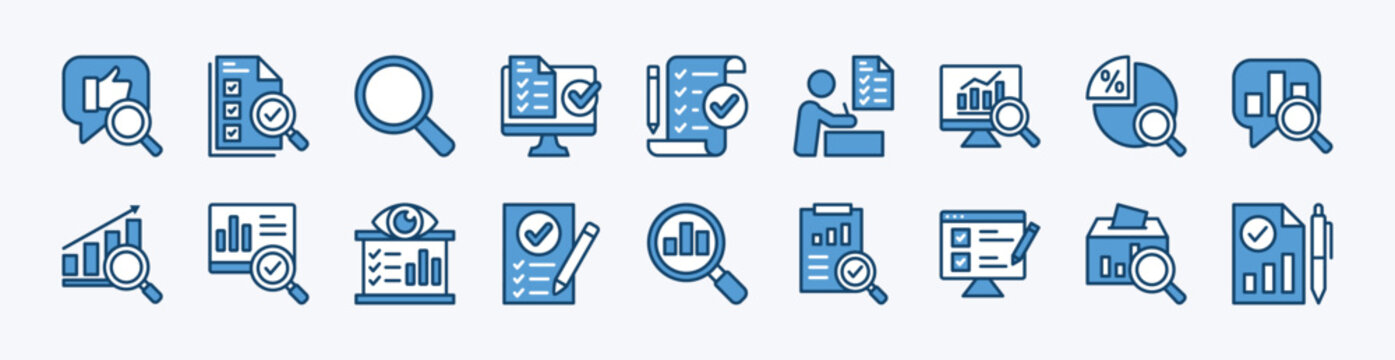 Set of search and research icon. Contains feedback, data analytics, market, SEO, result, survey, digital report, stock exchange, evaluation, bar chart statistics, ballot percentage - vector