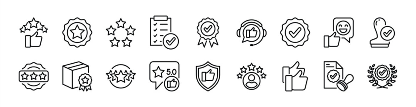 Quality control thin line icon set. Contains good feedback, five stars, thumbs up, certification, validation, badge, checkmark, approve, accept,  stamp, confirm, agree, guarantee, security - vector