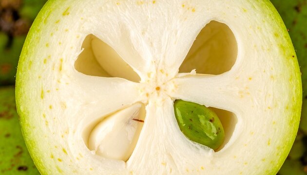 Fresh white sapote fruit cross-section with creamy flesh and seeds on textured skin