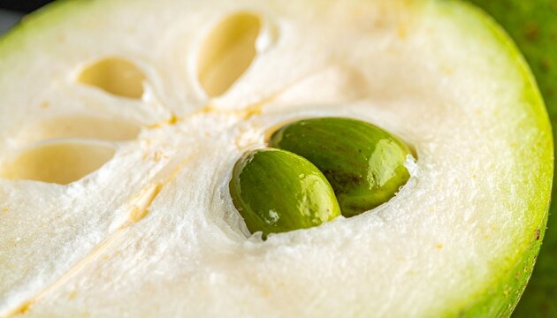 Fresh white sapote fruit cross-section with creamy pulp and green seeds on wooden surface