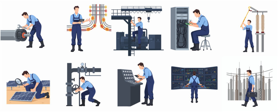 Flat Style Detailed Technician and Industrial Workers in Various Operational Scenarios Illustration