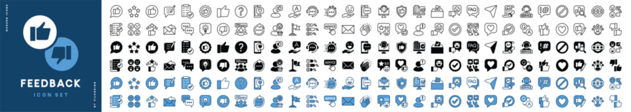 Feedback and satisfaction icon vector set. Contains thumbs up, stars, happy faces, like, review, rating for testimonial, support, survey, evaluation, comment, opinion, response, social media