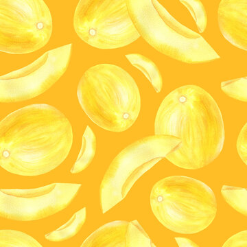 Seamless pattern of yellow melons and slices orange