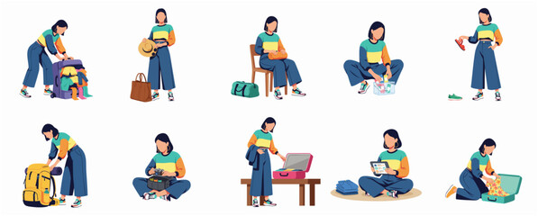 Fototapeta premium Flat Illustration Set of Female Traveler Preparing for a Trip