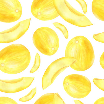 Seamless pattern of yellow melons and slices white
