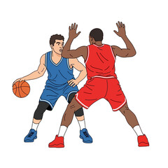 Fototapeta premium Basketball players competing, one dribbling, other defending, dynamic sports illustration