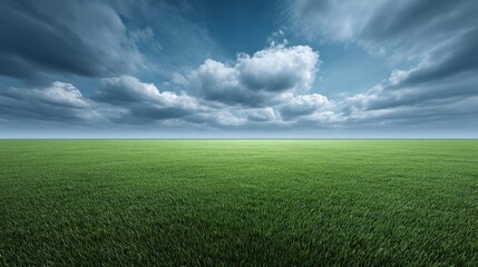 Obraz premium Expansive Green Grass Field Under Dramatic Cloudy Sky with Vivid Horizon View and Serene Atmosphere Ideal for Nature, Landscape or Outdoor Themes