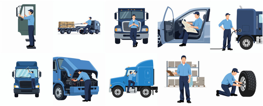 Flat Style Various Scenes of Truck Driver Activities Occupation Illustration