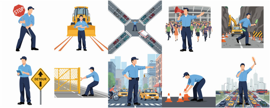Flat Illustration Set of Traffic Controller Activities in Various Situations