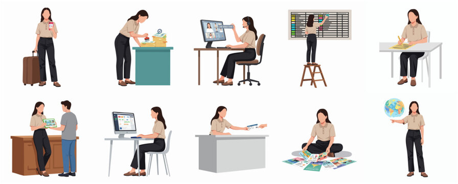 Diverse Handrawn Working Woman in Office and Traveling Activity Illustration
