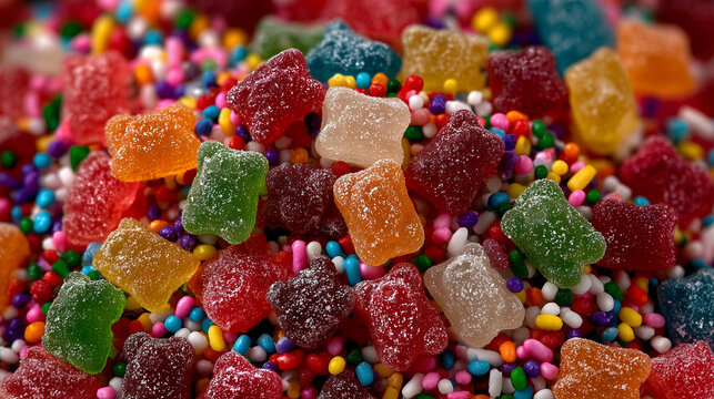 色鮮やかなクマのグミとカラフルなスプレーチョコの山