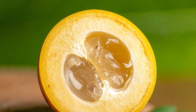 Macro close-up of abiu tropical fruit cross-section with translucent flesh and seeds