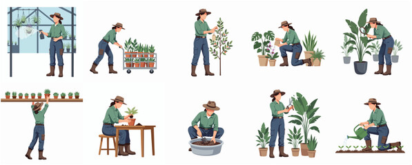 Naklejka premium Flat Illustration of Woman Gardening Activities and Plant Care Collection